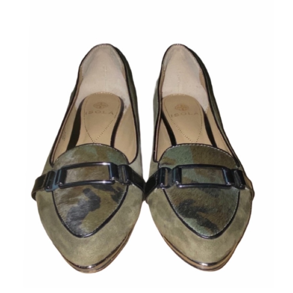 Isola Brenda Camo Green Pointed Toe Leather Flats Womens Size 6.5